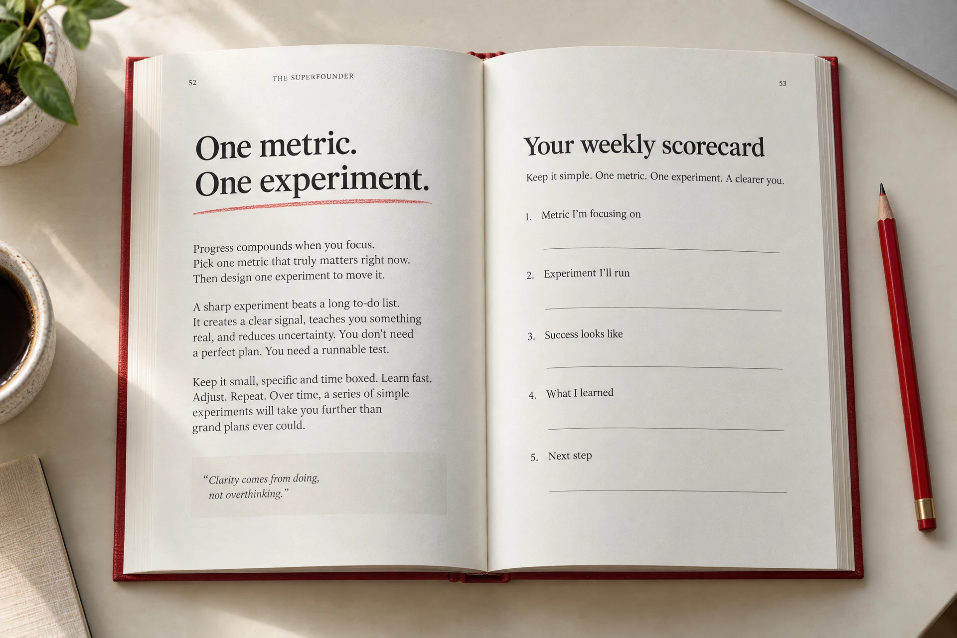 Illustrative open The SuperFounder spread with editorial typesetting, a red margin underline, and a red pencil