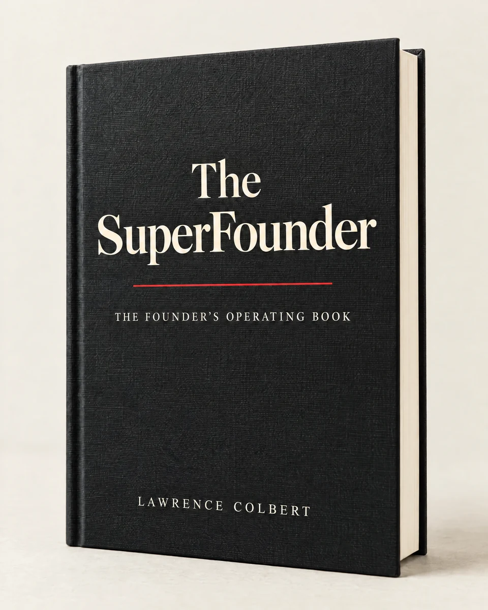 The SuperFounder hardcover by Lawrence Colbert, with a charcoal cover and visible cream page edges on warm ivory